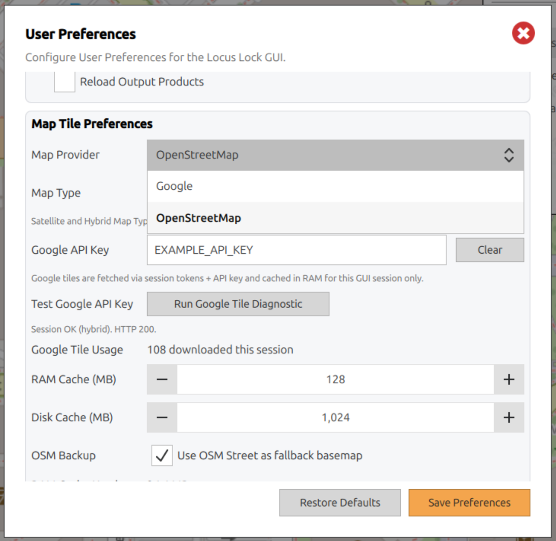 LEO100 Map Tile Preferences Dialog