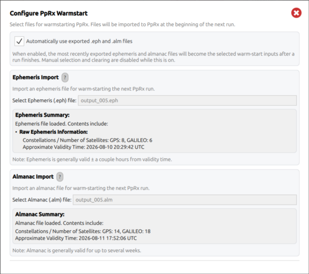 Configure PpRx Warmstart: Ephemeris and Almanac Import